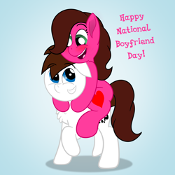 Size: 3000x3000 | Tagged: safe, artist:aarondrawsarts, oc, oc only, oc:brain teaser, oc:rose bloom, blushing, brainbloom, chest fluff, horse riding a horse, national boyfriend day, oc x oc, shipping, smiling, tumblr