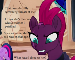 Size: 640x512 | Tagged: safe, edit, edited screencap, screencap, tempest shadow, twilight sparkle, twilight sparkle (alicorn), alicorn, my little pony: the movie, broken horn, cropped, eye scar, implied dinky, remorse, scar