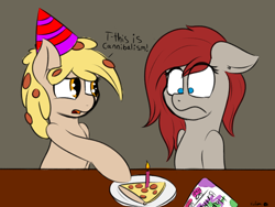 Size: 1600x1200 | Tagged: safe, artist:eclipsepenumbra, oc, oc only, oc:peetzer, oc:ponepony, food pony, original species, pizza pony, birthday, birthday candles, birthday gift, dialogue, food, hat, implied cannibalism, party hat, pizza, pizza cake