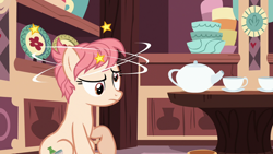 Size: 1280x720 | Tagged: safe, screencap, raspberry vinaigrette, earth pony, pony, discordant harmony, circling stars, cup, derp, dizzy, female, mare, solo, teacup, teapot