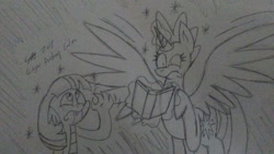 Size: 1280x720 | Tagged: safe, artist:derpanater, spike, twilight sparkle, twilight sparkle (alicorn), alicorn, dragon, 30 minute art challenge, book, freaking out, hair swap, magic, magical mishap, traditional art