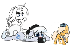 Size: 1024x682 | Tagged: safe, artist:azure-art-wave, oc, oc only, oc:ginger snap, oc:mademoiselle d'hiver, oc:picture perfect, earth pony, pony, unicorn, camera, female, filly, magical lesbian spawn, mare, offspring, parent:photo finish, parent:zesty gourmand, parents:zestyfinish, prone, simple background, transparent background