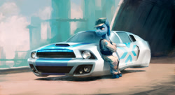 Size: 2712x1472 | Tagged: safe, artist:hunternif, oc, oc only, earth pony, pony, bipedal, bipedal leaning, car, clothes, commission, ford mustang, hat, hover car, leaning, male, science fiction, solo, stallion