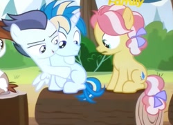 Size: 725x525 | Tagged: safe, screencap, kettle corn, pipsqueak, rumble, skeedaddle, earth pony, pegasus, pony, marks and recreation, colt, female, filly, it's not what it looks like, male