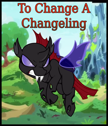 Size: 660x768 | Tagged: safe, artist:esmeia, pharynx, changeling, to change a changeling, angry, changeling hive, curved horn, fangs, male, solo, title card