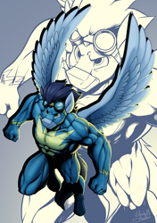 Size: 900x1280 | Tagged: safe, artist:ponyanony, soarin', anthro, pegasus, unguligrade anthro, clothes, male, muscles, pecs, serious, serious face, soaripped, solo, swolin', tight clothing, uniform, wonderbolts uniform, zoom layer