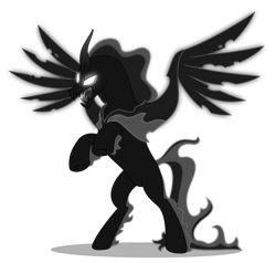 Size: 5000x4766 | Tagged: safe, artist:negatif22, pony of shadows, alicorn, shadow play, absurd resolution, adorabolical, adoracreepy, creepy, curved horn, cute, darkness, evil grin, glowing eyes, grin, open mouth, rearing, shadorable, shadow pony, simple background, smiling, solo, spread wings, transparent background, vector, wings