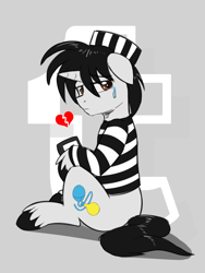 Size: 1200x1600 | Tagged: source needed, useless source url, safe, artist:jcosneverexisted, oc, oc only, oc:creative flair, adventures of flair, clothes, crying, heart, heartbreak, looking at you, male, prison outfit, prison stripes, sad, sitting, solo, tumblr