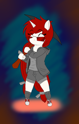 Size: 1555x2450 | Tagged: safe, artist:splint, oc, oc only, oc:glory, anthro, unicorn, anthro oc, chibi, explicit source, pickaxe, solo