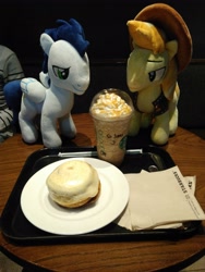 Size: 3120x4160 | Tagged: safe, braeburn, soarin', earth pony, pegasus, pony, cinnamon bun, food, frappuccino, gay, irl, male, napkin, photo, plate, plushie, shipping, soarburn, starbucks