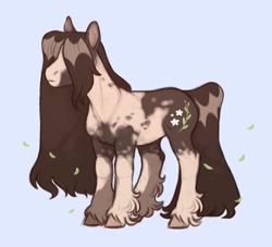 Size: 960x872 | Tagged: safe, artist:kapusha-blr, oc, oc only, earth pony, pony, fluffy, frown, gradient background, hair over eyes, hidden eyes, leaves, long hair, long mane, pinto, solo, unshorn fetlocks