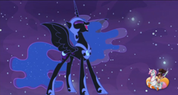 Size: 1366x732 | Tagged: safe, screencap, nightmare moon, alicorn, pony, a royal problem, corrupted, evil, eyes closed, fangs, female, horn, mare, open mouth, solo, wings