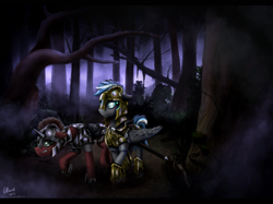 Size: 3508x2626 | Tagged: safe, artist:duh-veed, oc, oc:cloud zapper, pegasus, pony, unicorn, armor, dark, forest, royal guard, scary, sword, weapon