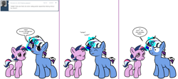 Size: 1808x800 | Tagged: safe, artist:dekomaru, oc, oc only, oc:aurora, oc:nebula, pony, unicorn, ask, baby, baby pony, cellphone, colt, diaper, female, filly, magic, magical lesbian spawn, male, offspring, parent:trixie, parent:twilight sparkle, parents:twixie, phone, scrunchy face, tumblr, tumblr:ask twixie