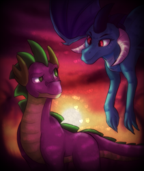 Size: 1013x1200 | Tagged: safe, artist:not-ordinary-pony, princess ember, spike, dragon, emberspike, heart, looking at each other, male, older, older spike, shipping, straight, sunset