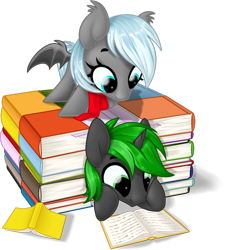 Size: 1024x1137 | Tagged: safe, artist:kellythedrawinguni, oc, oc only, oc:intrepid scholar, oc:winter rose, bat pony, pony, unicorn, book, book fort, chibi, clothes, female, male, mare, scarf, simple background, stallion, transparent background