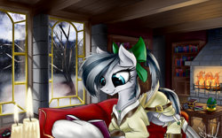 Size: 1920x1200 | Tagged: safe, artist:aurelleah, oc, oc only, oc:silver emerald heart, pony, artificial wings, augmented, book, bookshelf, candle, clothes, commission, fire, fireplace, garter belt, jewelry, mare in the moon, mechanical wing, moon, necklace, pillow, prone, reading, ribbon, snow, sofa, solo, table, wings, winter