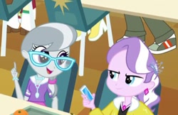 Size: 416x269 | Tagged: safe, screencap, diamond tiara, silver spoon, equestria girls, equestria girls (movie), cropped, ear piercing, earring, female, glasses, jewelry, necklace, piercing, smiling