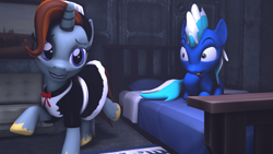 Size: 1280x720 | Tagged: safe, artist:tonkano, oc, oc:carlile, oc:pearlblue, fallout equestria, 3d, bed, clothes, female, lesbian, licking, licking lips, maid, oc x oc, present, room, shipping, source filmmaker, stable, tongue out, wide eyes