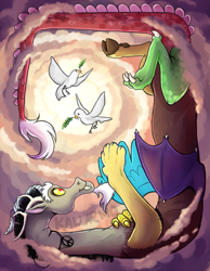 Size: 787x1012 | Tagged: safe, artist:kallarmo, discord, bird, dove, draconequus, cloud, cloudy, crepuscular rays, olive branch, on back, peace, peace symbol, pendant, smiling, solo