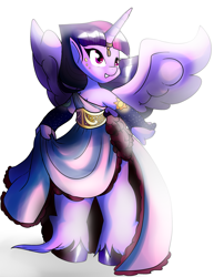 Size: 2111x2740 | Tagged: safe, artist:heyerika, twilight sparkle, twilight sparkle (alicorn), alicorn, anthro, unguligrade anthro, alternate hairstyle, cleavage, clothes, dress, female, horn ring, looking at something, smiling, solo, spread wings, unshorn fetlocks