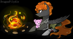 Size: 1184x625 | Tagged: safe, artist:dragonpilyale, oc, oc only, oc:blitz dash, fallout equestria, amputee, belt, camouflage, campfire, cargo pants, clothes, crossover, fallout, fire, prosthetic limb, prosthetics, solo, tanktop, teddy bear