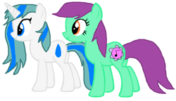 Size: 688x396 | Tagged: safe, artist:charityseashell, oc, oc only, oc:blossoming bass, oc:charity seashell, earth pony, pony, unicorn, base used, simple background, white background