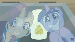 Size: 1366x768 | Tagged: safe, screencap, sunburst, twilight sparkle, twilight sparkle (alicorn), alicorn, uncommon bond, antique store, cute, glass, jewelry, lip bite, necklace, reflection, shell, smiling, twiabetes