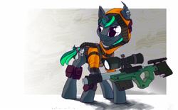 Size: 2282x1413 | Tagged: safe, artist:weirdcloud, oc, oc only, pony, unicorn, cutie mark, gun, hooves, horn, male, optical sight, rifle, sniper rifle, solo, stallion, weapon