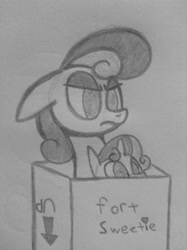 Size: 540x723 | Tagged: safe, artist:poorlydrawnpony, bon bon, sweetie belle, sweetie drops, pony, behaving like a cat, bon bon is not amused, box, floppy ears, frown, grayscale, monochrome, pony in a box, traditional art, unamused