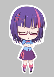 Size: 2480x3508 | Tagged: safe, artist:ogebo-go, twilight sparkle, equestria girls, alternate hairstyle, anime, chibi, clothes, cross-popping veins, crossed arms, eyes closed, female, glasses, gray background, short hair, simple background, solo, sticker