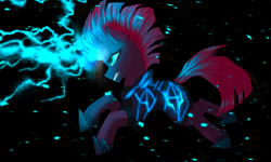 Size: 2300x1376 | Tagged: safe, artist:thenightdarksecret, tempest shadow, pony, unicorn, my little pony: the movie, armor, black background, broken horn, ear fluff, gritted teeth, lightning, magic, running, simple background, solo, sparking horn