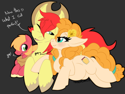 Size: 1438x1087 | Tagged: safe, artist:kaydolf, big macintosh, bright mac, pear butter, pony, the perfect pear, brightbutter, colt, eeyup, family, father and child, father and son, female, foal, husband and wife, implied applejack, male, mother and child, mother and son, parent and child, pregnant, shipping, snuggling