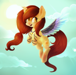 Size: 894x882 | Tagged: safe, artist:starchasesketches, oc, oc only, oc:summertime sadness, pegasus, pony, blushing, cloud, cute, female, flying, open mouth, sky, solo, summer