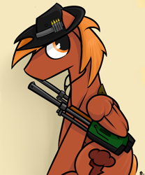 Size: 1476x1771 | Tagged: safe, artist:ruiont, oc, oc only, oc:calamity, pegasus, pony, fallout equestria, ammunition, battle saddle, fanfic, fanfic art, gun, hat, male, rifle, simple background, solo, stallion, weapon, wings