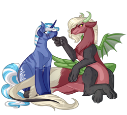 Size: 5500x5000 | Tagged: safe, artist:amazing-artsong, oc, oc only, oc:princess amaya, oc:strawberry fuzz, draconequus, hybrid, unicorn, zebra, zony, absurd resolution, commission, duo, female, horn, looking at each other, mare, simple background, sitting, smiling, transparent background