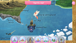 Size: 1280x720 | Tagged: safe, classical hippogriff, hippogriff, narwhal, my little pony: the movie, basalt beach, gameloft, great iceberg barrier, kirin grove, lost lagoon, map, map of equestria, mount aris, pine needle barrens, seaquestria