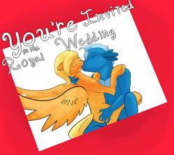 Size: 1024x910 | Tagged: safe, artist:titankore, oc, oc only, anthro, merpony, pegasus, kissing, male, straight, unshorn fetlocks, wedding invitation