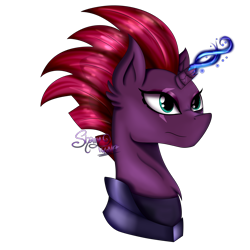 Size: 2700x2700 | Tagged: safe, artist:shamy-crist, tempest shadow, pony, unicorn, my little pony: the movie, broken horn, bust, eye scar, female, high res, magic, mare, portrait, scar, sidemouth, simple background, solo, sparking horn, transparent background