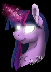 Size: 879x1225 | Tagged: safe, artist:polar puff, edit, twilight sparkle, alicorn, bust, chest fluff, glowing eyes, glowing horn, magic, multicolored hair, portrait, sparkles