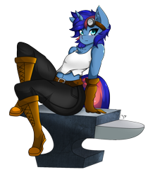 Size: 1300x1548 | Tagged: safe, artist:zzvinniezz, oc, oc only, oc:ryo, anthro, unicorn, anthro oc, anvil, boots, clothes, commission, female, gloves, goggles, mare, pants, shoes, simple background, transparent background