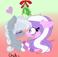 Size: 835x808 | Tagged: safe, artist:chrissydrawscz, diamond tiara, silver spoon, earth pony, pony, blushing, chest fluff, clothes, eyes closed, female, heart, lesbian, mare, mistletoe, older, older diamond tiara, older silver spoon, shipping, silvertiara, socks, striped socks