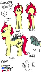 Size: 720x1280 | Tagged: safe, artist:gamer-shy, oc, oc only, oc:gamershy yellowstar, bat pony, pony, front view, height, male, palette, probably forgot tags, rear view, reference sheet, side view, solo, stallion, wings