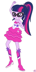 Size: 1100x2200 | Tagged: safe, artist:linacloud23, sci-twi, twilight sparkle, equestria girls, alternate universe, bare shoulders, boots, clothes, clothes swap, cute, dancing, fall formal outfits, female, glasses, high heel boots, legs, ponytail, raised leg, shoes, simple background, skirt, sleeveless, solo, stars, strapless, transparent background