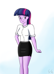 Size: 1920x2640 | Tagged: safe, artist:egstudios93, twilight sparkle, equestria girls, clothes, cute, librarian, side slit, skirt, smiling, solo