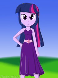 Size: 1280x1707 | Tagged: safe, artist:phantomshadow051, twilight sparkle, equestria girls, beautiful, clothes, dress, dress interior, grass, happy, looking at you, purple, smiling, smirk, solo