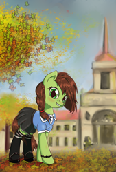 Size: 2413x3559 | Tagged: safe, artist:drafthoof, oc, oc only, oc:oil drop, pony, autumn, braid, clothes, cute, mary janes, shoes, skirt, skirt lift, socks