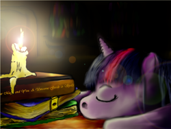 Size: 1024x768 | Tagged: safe, artist:thunder-stream, twilight sparkle, pony, unicorn, book, candle, female, mare, sleeping, solo