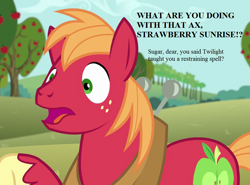 Size: 945x700 | Tagged: safe, edit, edited screencap, screencap, big macintosh, no second prances, aghast, angry, attempted vandalism, cropped, implied insanity, implied strawberry sunrise, implied sugar belle, misleading thumbnail, trespassing