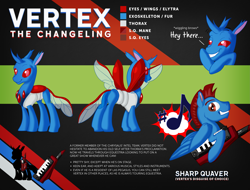 Size: 3143x2392 | Tagged: safe, artist:hywther, artist:vertexthechangeling, oc, oc only, oc:vertexthechangeling, changedling, changeling, pegasus, pony, changedling oc, cutie mark, disguise, disguised changeling, eyebrow wiggle, keytar, male, mohawk, musical instrument, reference sheet, smiling